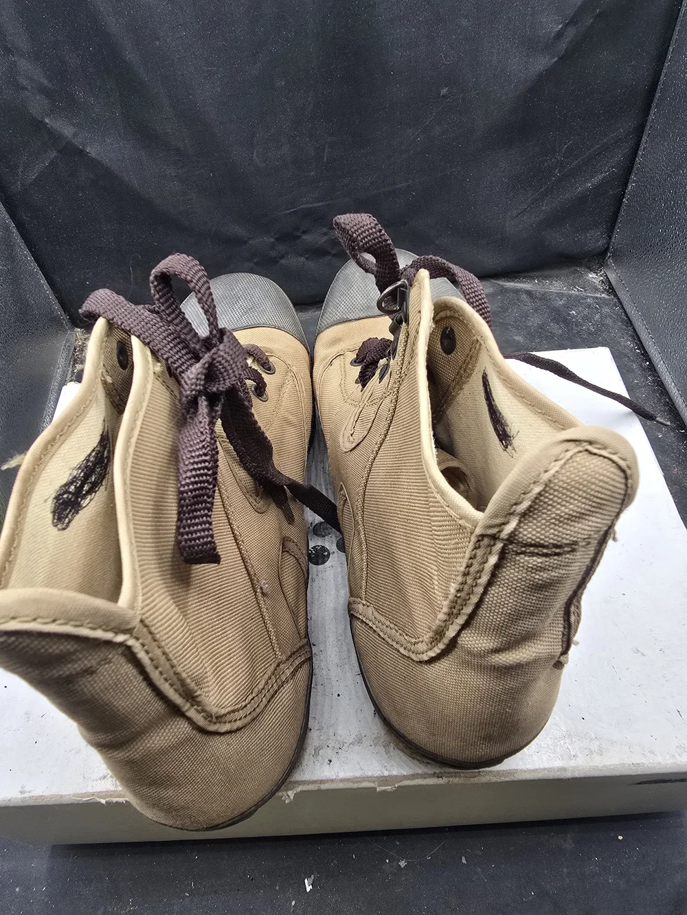 Orvis Tan Canvas High-Top Boots with Dark Brown Laces